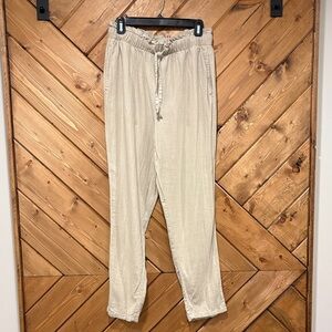 Ladies Tan Linen Paper Bag Waist Pants